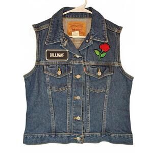 Levi's Trucker Denim Vest Rose Patch DILLIGAF Biker Vintage Blue Womens Medium